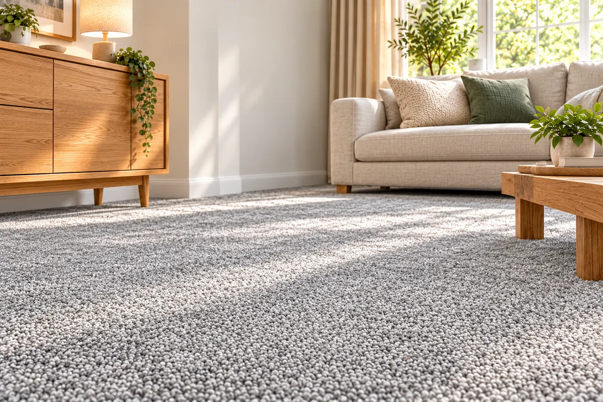 Illustrative living room with silver-grey carpet, cream sofa and oak furniture