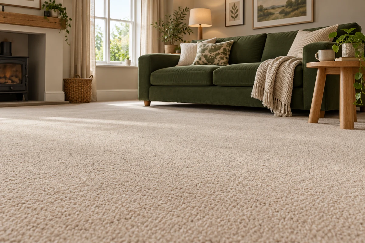 Bright lounge with soft beige fitted carpet