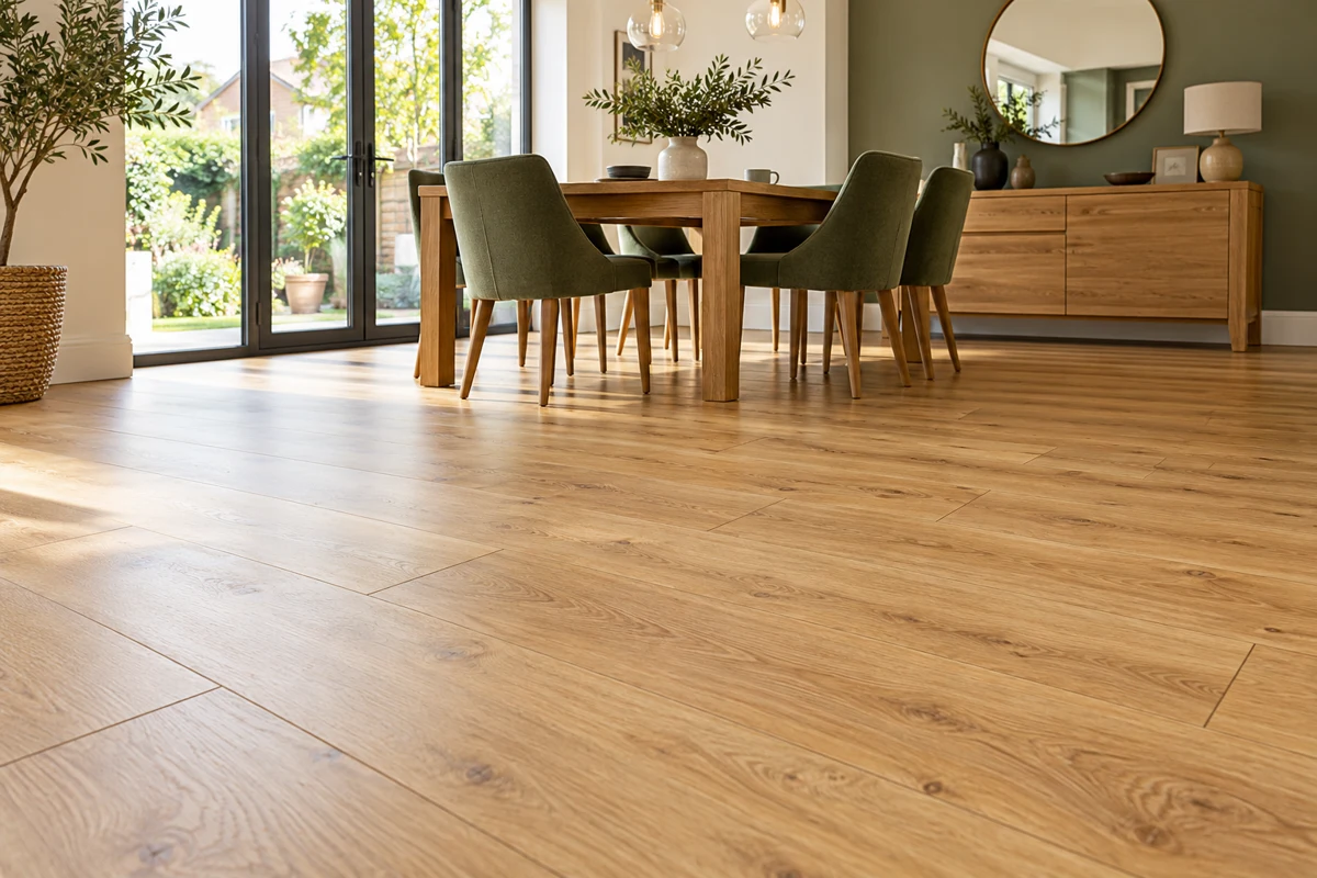 Dining room with natural oak-look laminate flooring